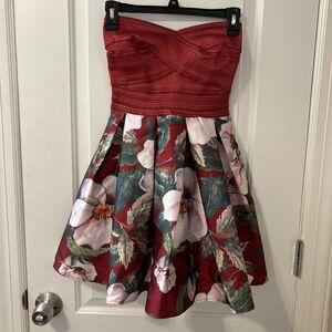 Akira Chicago Black Label Strapless Floral Fit & Flare Dress Size S Burgundy
